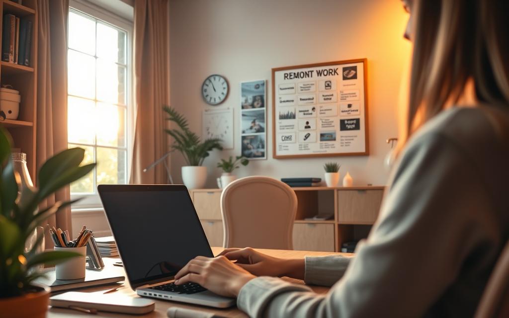 A cozy home office, bathed in warm, golden light from a large window. In the foreground, a woman's hands confidently navigate a laptop, surrounded by neatly organized office supplies and a soothing houseplant. In the middle ground, a vision board displays a collage of remote work skills - communication, time management, adaptability, problem-solving. The background reveals a serene, minimalist space, with clean lines and a sense of calm productivity. The overall atmosphere conveys a balance of focus, efficiency, and personal growth, embodying the essence of successful remote work.