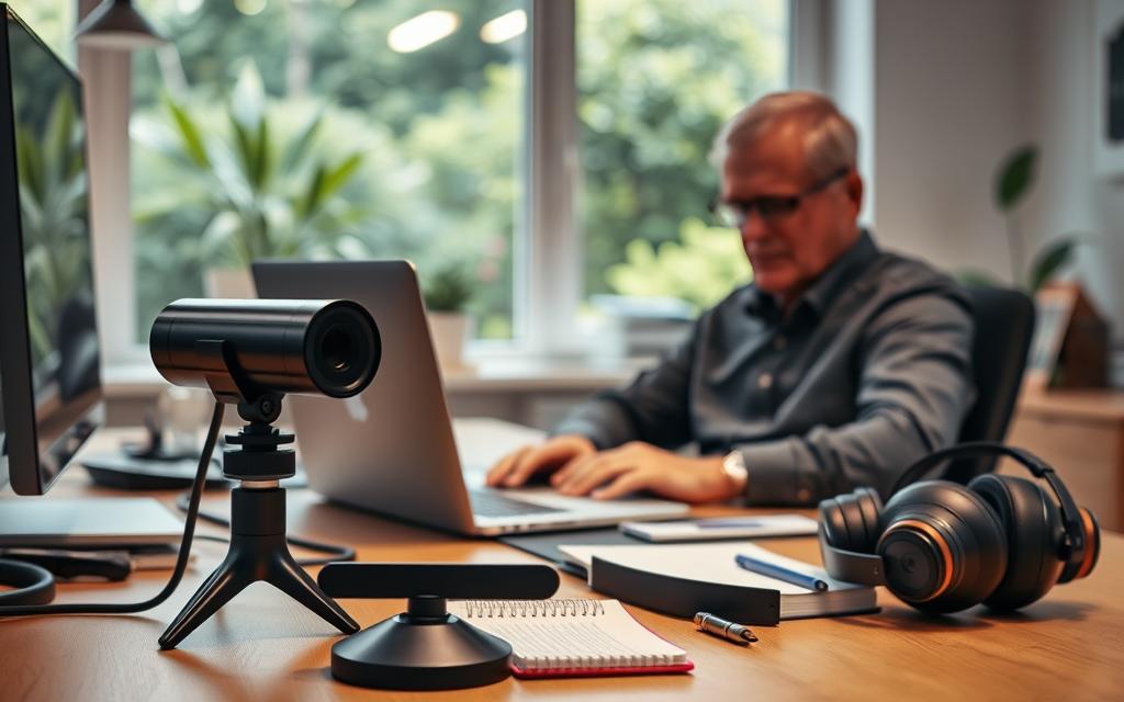 A well-lit office scene with a middle-aged person sitting at a desk, working on a laptop. In the foreground, various remote work tools are arranged neatly - a high-quality webcam, noise-cancelling headphones, a digital organizer, and a clean, minimalist workspace. The background features a window overlooking a lush, serene garden, hinting at the flexibility and work-life balance of remote employment. The overall mood is one of focus, efficiency, and a sense of control over one's professional environment.