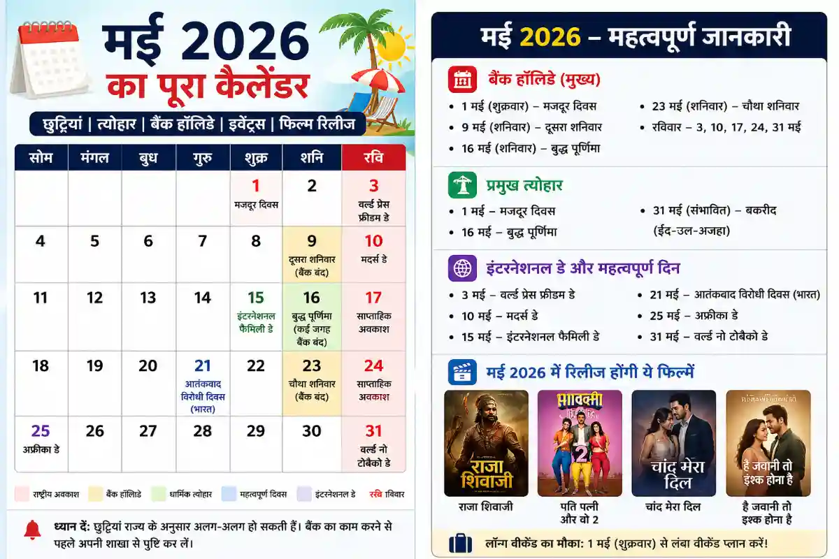 मई 2026 का कैलेंडर और अवकाश जानकारी