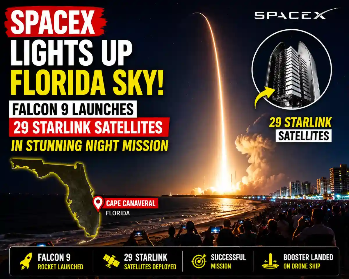 SpaceX Lights Up Florida Sky! Falcon 9 Launches 29 Starlink Satellites in Stunning Night Mission